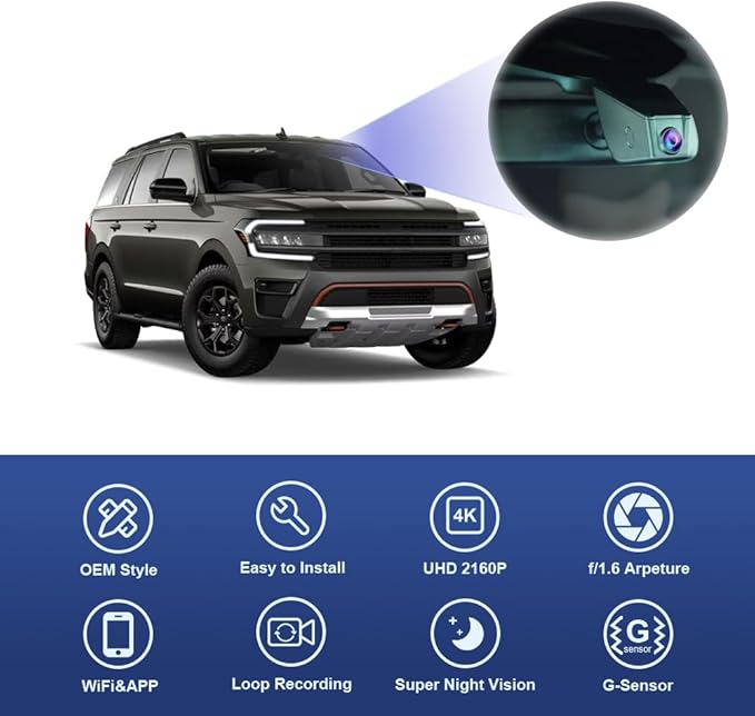 Fitcamx 4K Dash Cam Suitable for Ford Expedition 2018-2024 XL XLT Limited Platinum King Ranch MAX (HD2-6275), OEM Look, UHD 2160P Video, WiFi & APP, Loop Recording, G-Sensor, Plug & Play, 64GB Card