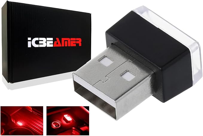 ICBEAMER USB Type-A LED Night Light 2-Pack (Red) | Plug-in Universal Fit Automotive Accessory for Car Interior and Trunk Ambient Atmosphere Lighting