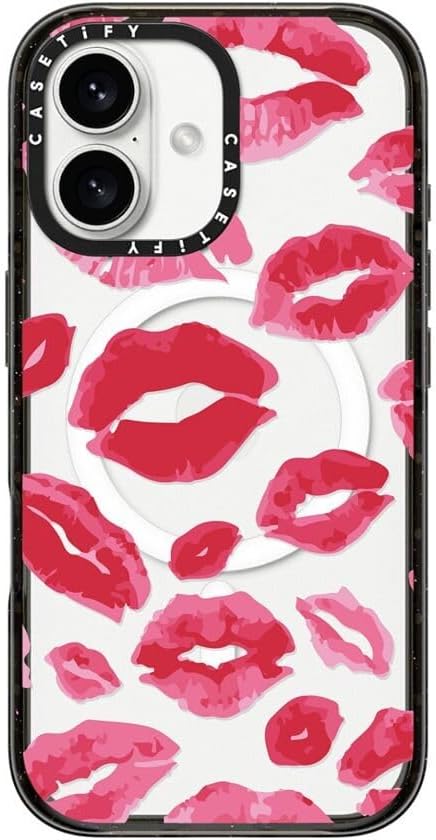 CASETiFY Impact Case for iPhone 16 [Slim / 8.2 ft. 4X Military Grade Drop Protection/Compatible with Magsafe] - Lipstick Kisses - Clear Black