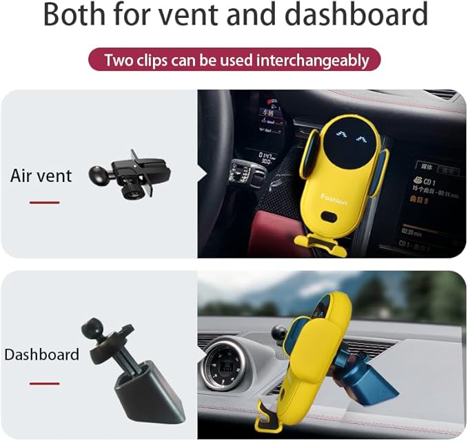Wireless Car Charger Mount, Cute Car Phone Holder, Automatic Clamping Air Vent Dashboard Smart Phone Holder for iPhone 15/14/13/12/11//XS/XR/8, Samsung S23/22/21/20/Note 20, etc (Yellow)