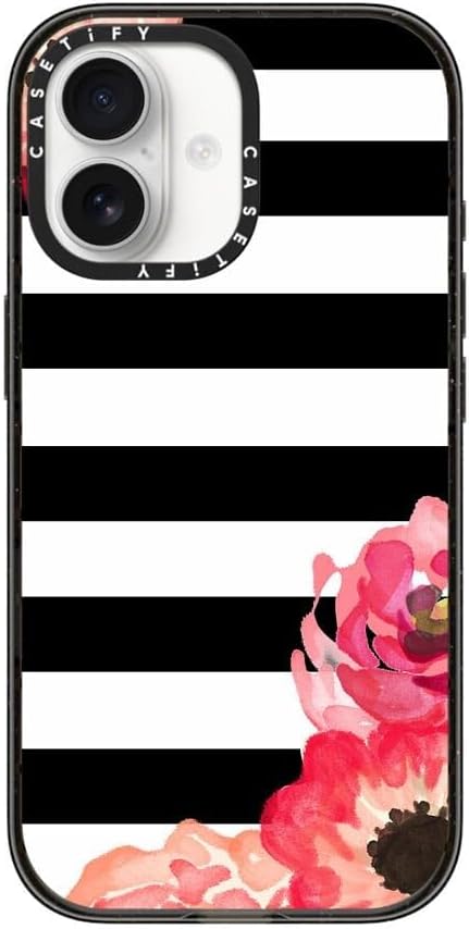 CASETiFY Impact iPhone 17 Case [Slim/Compatible with Magsafe / 8.2 ft. 4X Military Grade Drop Protection] - Striped Florals (Black & White) - Clear Black