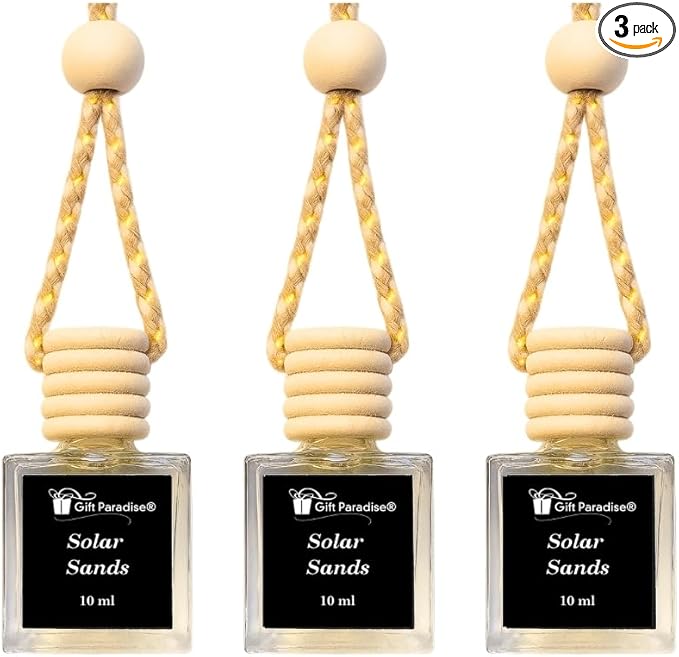 Gift Paradise® Solar Sands Hanging Car Air Freshener – Set of 3 (10 ml Each) – Warm Sunlit Coastal Scent Diffuser for Car, Closet & Office – Long-Lasting – Includes Premium Velvet Gift Bag