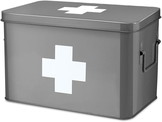Flexzion Vintage First Aid Kit - 13" Gray Metal Box with Dividers, Removable Tray and White Cross Logo