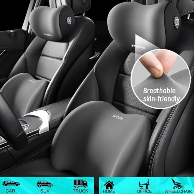 Car Headrest & Lumbar Support Cushion Kit, Ergonomic Car Seat Neck Pillow and Backseat Cushion for Driving Fatigue Relief, Driving Seat Memory Foam Neck Back Rest Pillows (Pink)