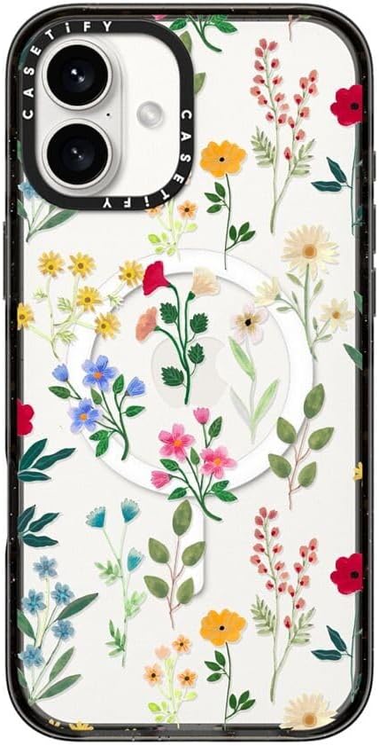 CASETiFY Impact Case for iPhone 16 Plus [Slim / 8.2 ft. 4X Military Grade Drop Protection/Compatible with Magsafe] - Spring Botanicals 2 - Clear Black