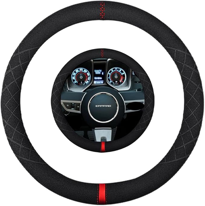 Suede Steering Wheel Cover,Compatible with Chevrolet Chevy Corvette Camaro Spark Suede Leather Sport Non-Slip Wheel Cover Car Interior Accessories 14-14 1/4 inch for Man and Women