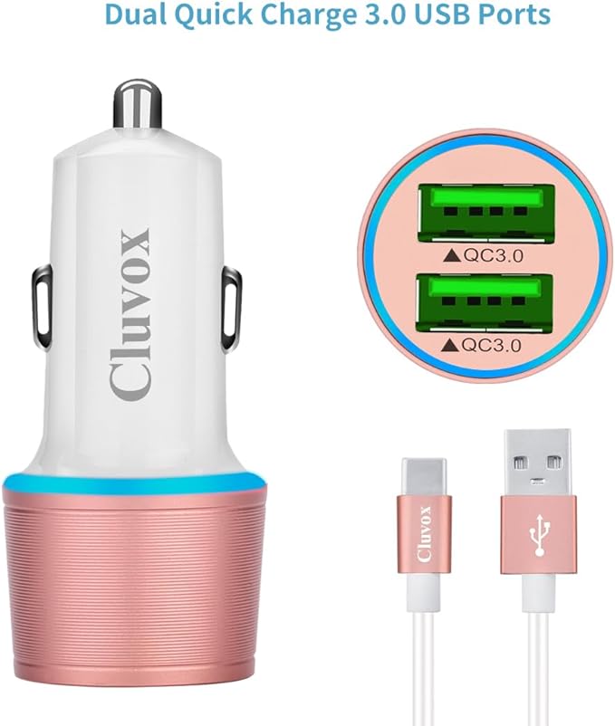 Fast USB Car Charger for Samsung Galaxy A56/A55/A54/A53/A50/A17/A16/A15/A14/S26/S25/S24/S23/S22 Plus/Ultra/Note 20/A21/A31/A51 Quick Charge 3.0 Dual USB Rapid Car Charger with Type C Cable 3.3ft-Pink
