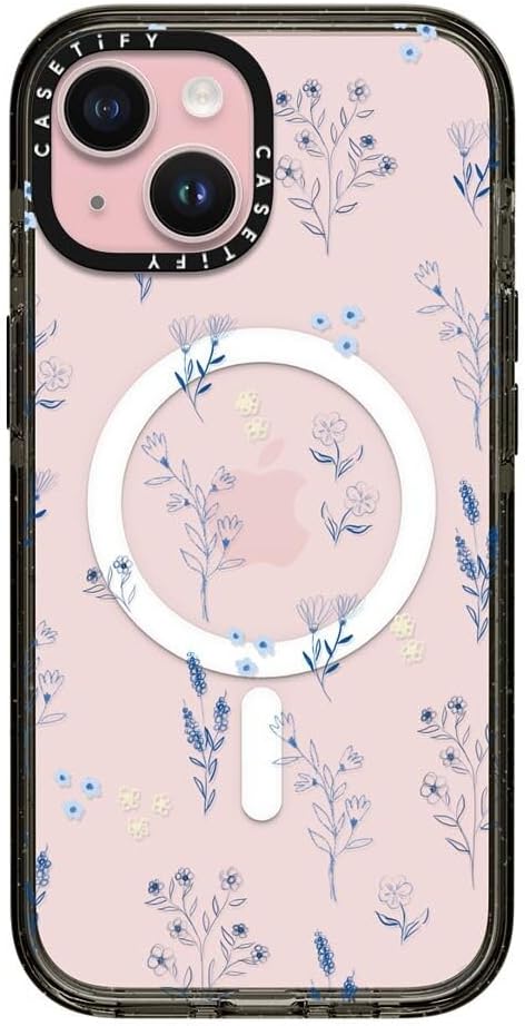 CASETiFY Impact iPhone 15 Case [4X Military Grade Drop Tested / 8.2ft Drop Protection/Compatible with Magsafe] - Flower Print - Small Blue Flowers - Clear Black