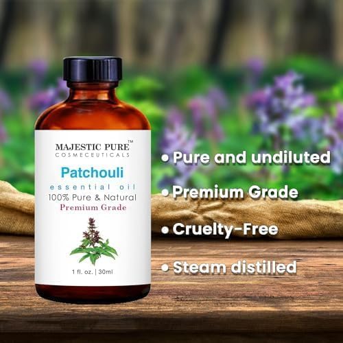 Majestic Pure Essential Oil with Glass Dropper - 100% Pure and Natural - Essential Oils for Diffuser, Aromatherapy, Soap and Candle Making, Patchouli Essential Oil, Patchouli Oil, 1 Fl Oz