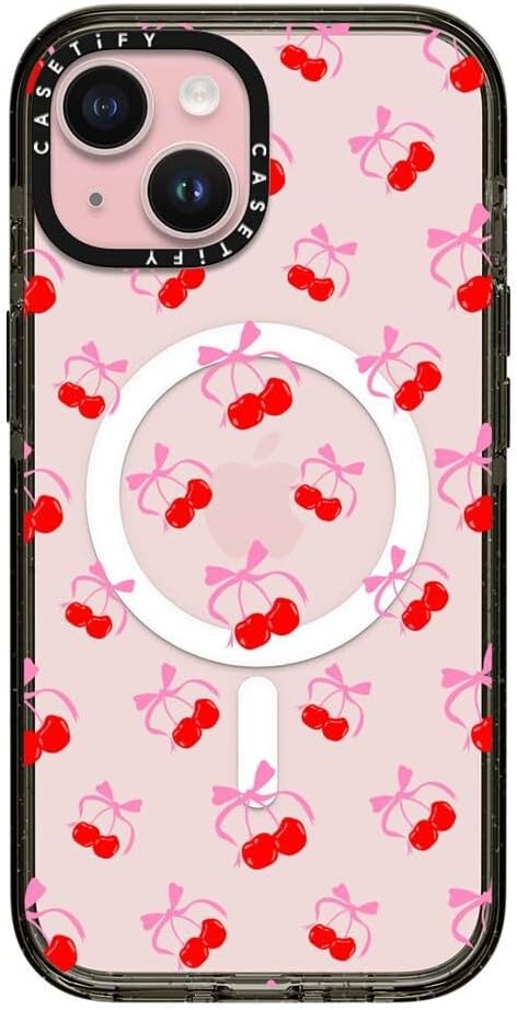 CASETiFY Impact iPhone 15 Case [Slim/Compatible with Magsafe / 8.2 ft. 4X Military Grade Drop Protection] - Cherries Jubilee - Clear Black