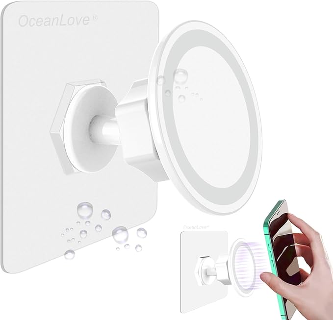 OCEANLOVE for MagSafe Wall Mount Magnetic Phone Holder, Self-Adhesive, 360 Rotatable, Waterproof, Compatible with iPhone 17/16/15/14/13/12,All Phones, Shower Mirror Car Glass Bathroom Kitchen (White)