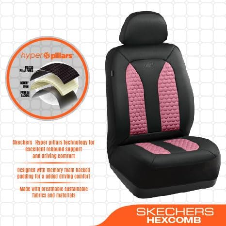 Skechers Memory Foam™ Car Seat Covers, Hexcomb Breathable Thick Seat Covers Two Front Seat Covers, Airbag Compatible, Automotive Comfort & Protection for Most Cars,Van,Trucks, SUVs (Pink,Two Front)