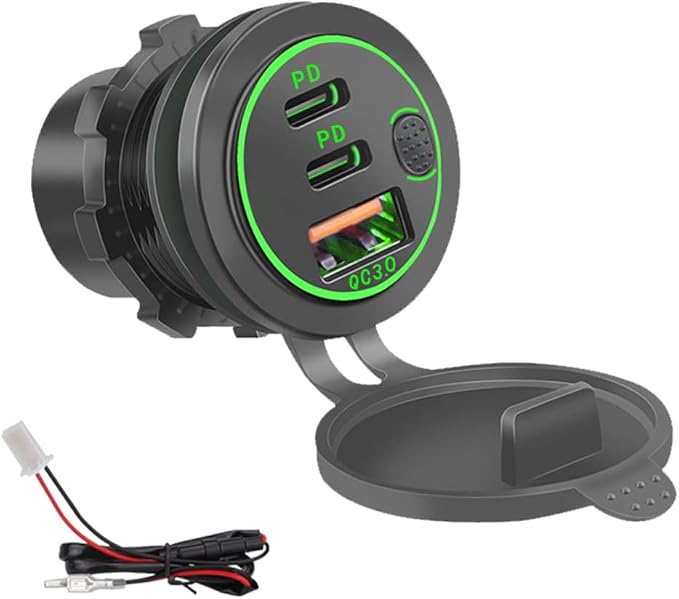3 Ports 18W USB Car Charger with Switch, 12-24V QC 3.0 USB & Dual PD USB C Cigarette Lighter Socket, Waterproof Dashboard Mount Quick Charger for Car Motorcycle Truck Marine Boat, Green Light