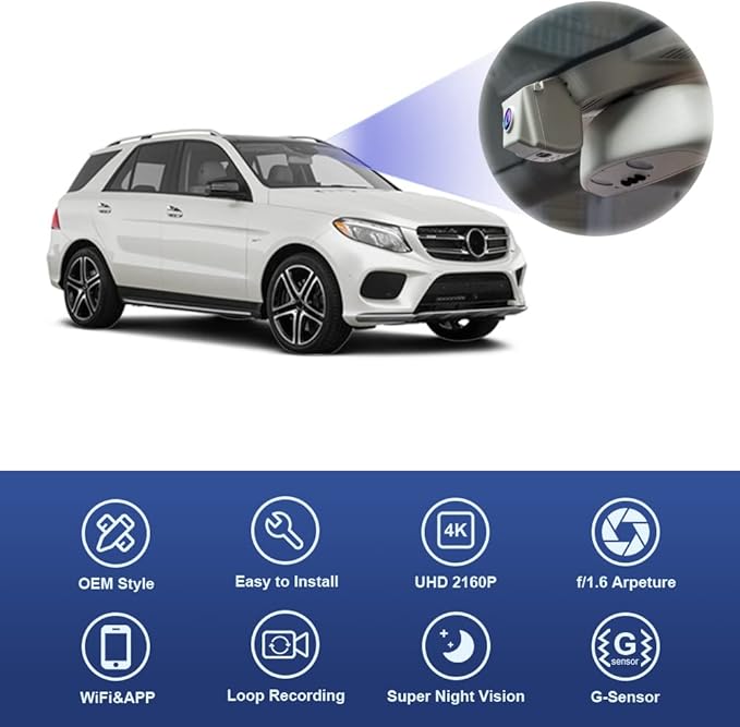 Fitcamx 4K Dash Cam Suitable for Mercedes-Benz GLE GLS 2016-2019 (Model B) W166 X166, OEM Factory Look, UHD 2160P Video, Loop Recording, Built-in WiFi & APP, G-Sensor, Easy to Install, 64GB Card