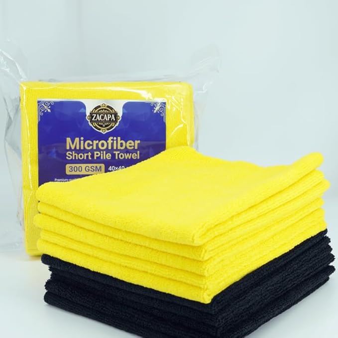 Zacapa 10-Pack Edgeless Microfiber Towels 16x16 in 300 GSM Premium Short Pile/Scratch-Free Car Detailing Towels, Lint-Free Cleaning Cloths/Yellow & Black