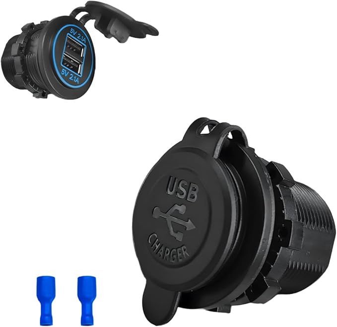 4.2A Dual USB Charger Socket, Waterproof Power Outlet 12V/24V 2.1A & 2.1A Quick Charge Socket, USB Charger Socket with Cap for Car Golf Cart Mobile RV ATV Truck Marine Boat (Blue)