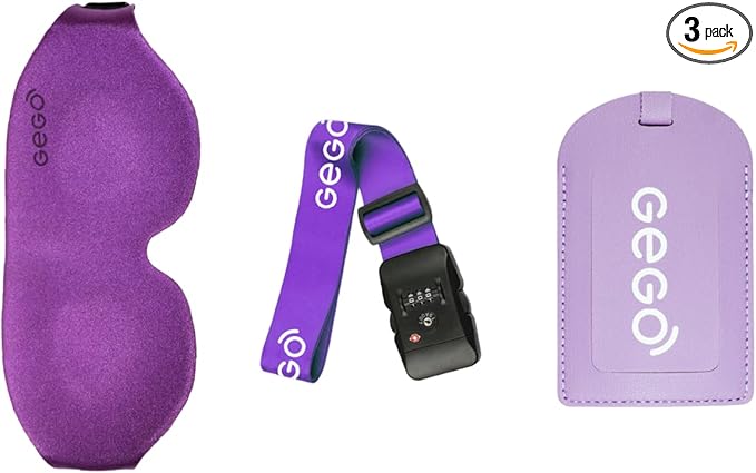 GEGO Premium Travel Kit, Sleep Mask 3D Contoured Eye with Soft Memory Foam, Luggage Tag Waterproof Resistant and Strap with Lock for Luggage TSA Approved (Sleep Mask Purple/Luggage Tag Purple)