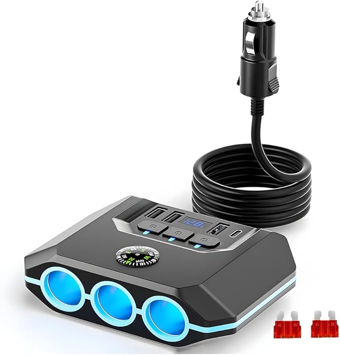 Cigarette Lighter Splitter, 7 in 1 120W USB PD Vehicle Charger Adapter with LED Voltage Display & Independent Switches, 12/24V Multi Port Charge Power Plug, Universal for Vehicles