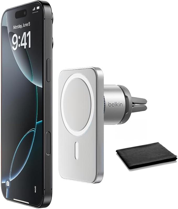 Belkin MagSafe Car Vent Mount Pro, Magnetic Phone Holder for iPhone 16/15/14/13/12, Secure Grip, Portrait & Landscape View, Cable Management, Air Vent Clip, Magsafe Compatible, Silver, Includes Cloth