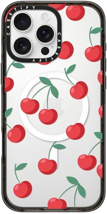 CASETiFY Impact Case for iPhone 16 Pro Max [Slim / 8.2 ft. 4X Military Grade Drop Protection/Compatible with Magsafe] - Clear Black - Cherries