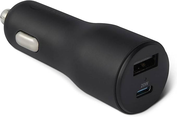 Amazon Basics Fast-Charging Car Charger, Dual-Port, 1 USB-C + 1 USB-A, 32W, Multi-Device Compatibility, Safety Features, Black