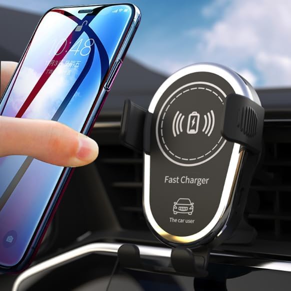 15W Fast Wireless Car Charger, Phone Holder, Auto-Clamping Air Vent Phone Charger for Car (Blue Border Black)