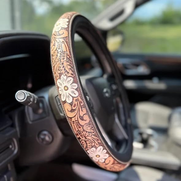 Western Steering Wheel Cover, Color Printed Embossed Hand-Painted Leather Western car Parts, for Women Man, Anti-Slip Design Easy to Install, for Trucks SUVs Cars (Style 3)