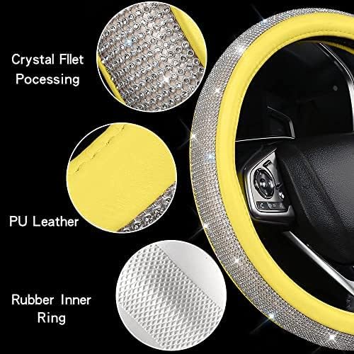 Bling Diamond Steering Wheel Cover, Leather Steering Wheel Covers for Women Girls with Crystal Rhinestones, Breathable, Anti-Slip Universal Fit 14.5-15 Inch Bling Car Accessories(Yellow)