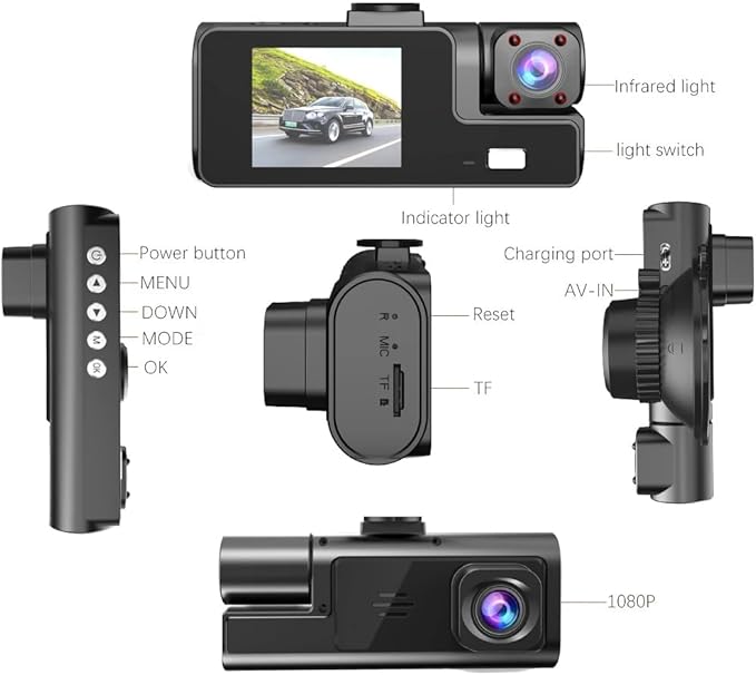1080P 3Channel Dash Camera for Car Front and Rear Inside Dashcam Car Video Recorder,170°Wide Angle Vehicle Cam,WDR,G-Sensor,2’’ IPS Screen,Loop Recording,Night Vision (3Channel Dash Cam Without Card)