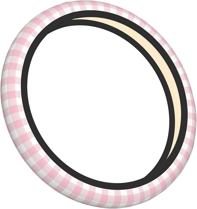 Thickened Elastic Steering Wheel Cover, Girly Pastel Pink Gingham Plaid Ultra, Soft, Breathable, Fit for Cars, SUVs, Trucks, Stylish Comfortable Grip