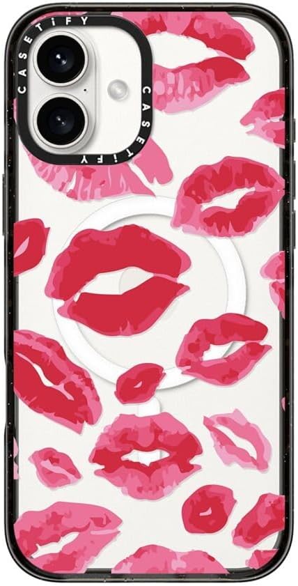 CASETiFY Impact Case for iPhone 16 Plus [Slim / 8.2 ft. 4X Military Grade Drop Protection/Compatible with Magsafe] - Lipstick Kisses - Clear Black