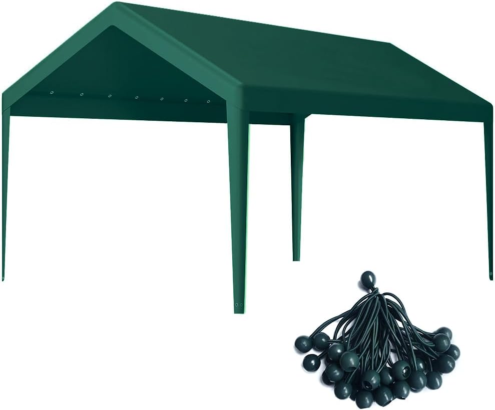 Rutile 12 x 20 FT Carport Replacement Cover, Heavy Duty Car Tarp Canopy Tent Garage Top Shelter Cover with Fabric Leg Pole Skirts and Ball Bungees Green (Only Top Cover, Frame is not Included)
