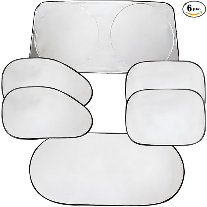 6PCS Reflective Car Windshield Sunshade, Polyester Foldable Car Side Window Sun Cover with Storage Bag, Universal Vehicle Interior Protection Accessories for Heat and UV Rays Shield