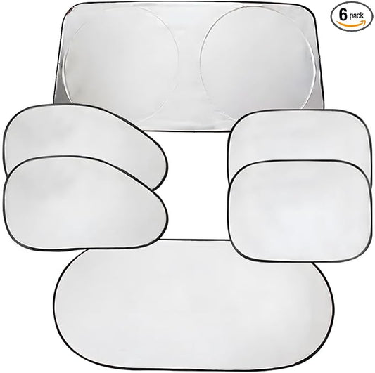 6PCS Reflective Car Windshield Sunshade, Polyester Foldable Car Side Window Sun Cover with Storage Bag, Universal Vehicle Interior Protection Accessories for Heat and UV Rays Shield