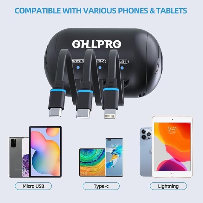 OHLPRO 3-in-1 Retractable Backseat Car Charging Station, 15W Fast Car Charger for All Phones (iPhone, Samsung), Ideal for Lyft, Turo, Uber, Taxi, Rideshare, Customer Charging Dock Attach to Headrest
