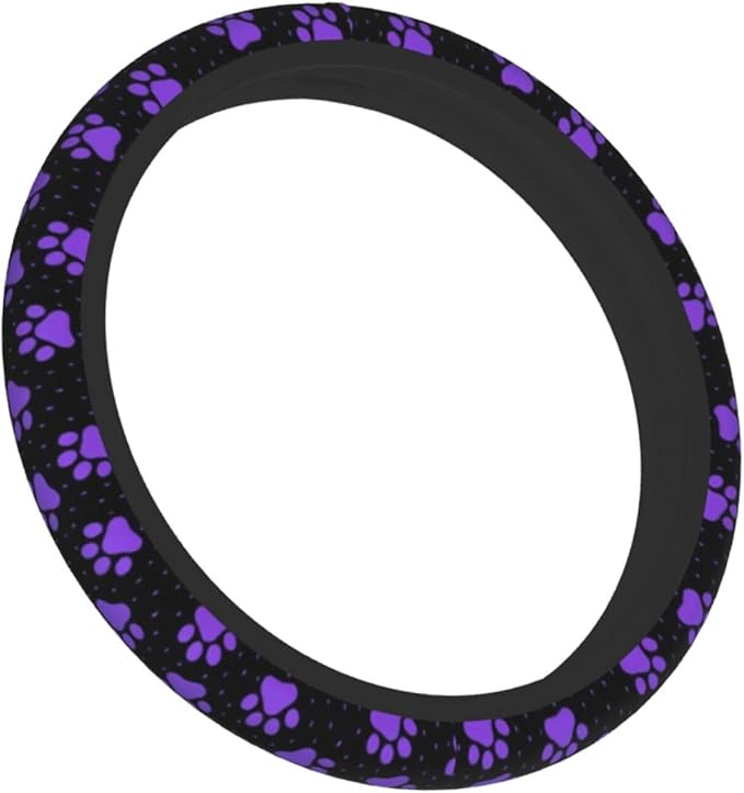 Purple Paw Print Steering Wheel Cover Dog Paw Print Steering Wheel Cover Anti-Slip Breathable Universal for 15 Inch Car with 2 Pieces Car Coasters Suitable for Men Women