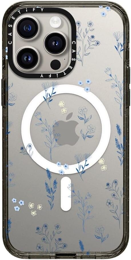 CASETiFY Impact Case for iPhone 15 Pro Max [4X Military Grade Drop Tested / 8.2ft Drop Protection/Compatible with Magsafe] - Flower Prints - Small Blue Flowers - Clear Black