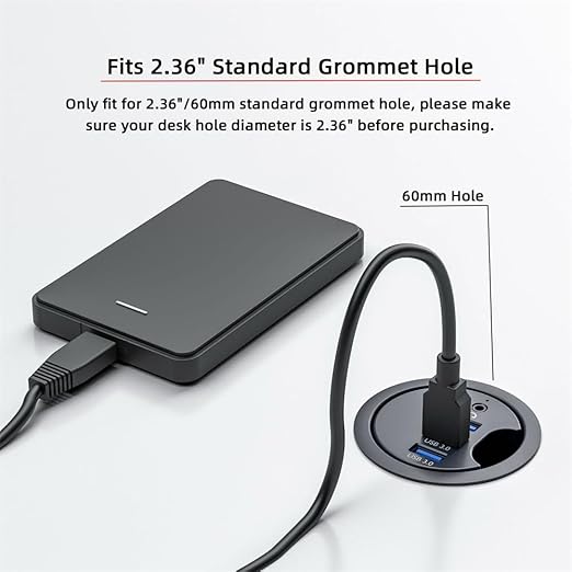 xiwai USB 3.0 Hub Splitter, Sound Card 3 Port USB Multiport Expander 60mm Desk Grommet Dock Station Headphone Mic Audio Interface for PC Desk Desktop