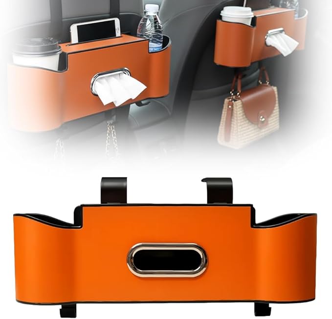 3-in-1 Car Backseat Organizer, 2026 New Multifunctional Back Seat Car Organizer with Cup Holder, Tissue Box, Trash Bin & Hooks for Hold Phones, Snacks, Drinks, Handbags (1, Orange)