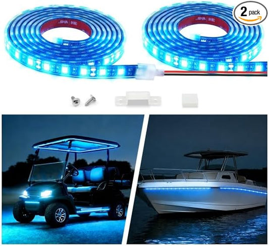 12V Marine Boat LED Light Strip Super Bright, 2 Pack 6.56FT IP68 Fully Waterproof RV Front Cap Lights, Golf Cart Underglow Roof Lights Strip for Truck ATV UTV SUV Car Pickup Trailer, Cuttable, Blue