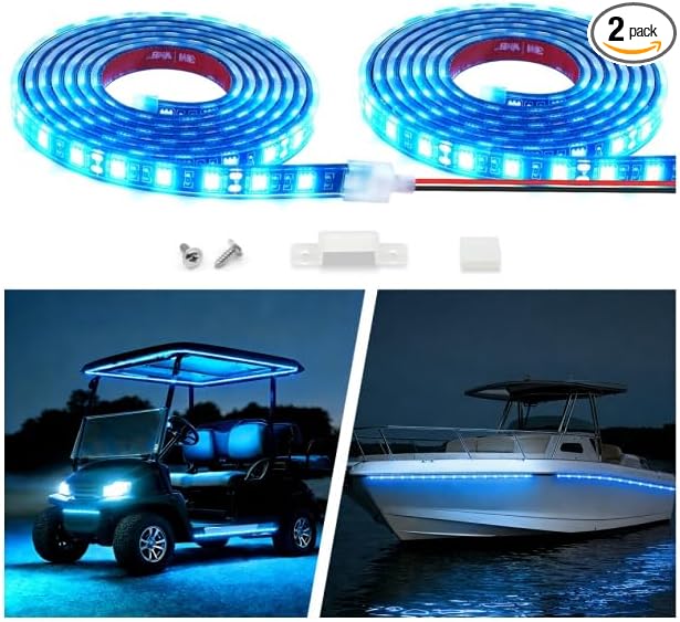 12V Marine Boat LED Light Strip Super Bright, 2 Pack 4FT IP68 Fully Waterproof RV Front Cap Lights, Golf Cart Underglow Roof Lights Strip for Truck ATV UTV SUV Car Pickup Trailer, Cuttable, Blue