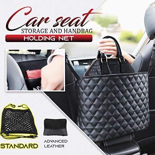 Car Purse Holder - Durable Leather Seat Back Organizer, Front Seat Storage Barrier, Pet & Kids Driver Storage Netting Pouch