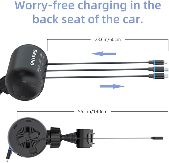 OHLPRO 3-in-1 Retractable Backseat Car Charging Station, 15W Fast Car Charger for All Phones (iPhone, Samsung), Ideal for Lyft, Turo, Uber, Taxi, Rideshare, Customer Charging Dock Attach to Headrest
