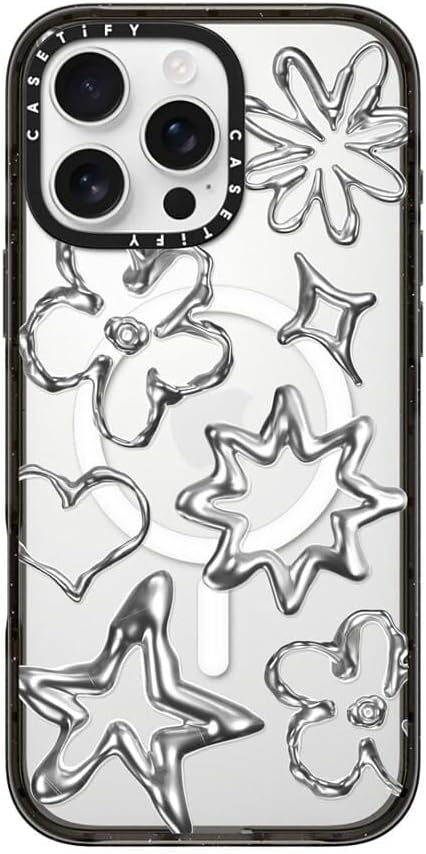 CASETiFY Impact Case for iPhone 16 Pro Max [Slim / 8.2 ft. 4X Military Grade Drop Protection/Compatible with Magsafe] - Chrome Doodles - Clear Black