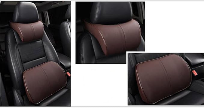 Car Seat Lumbar Support Pillow Neck Pillow Headrest Head Support Back Cushion Pad Soft Memory Foam Artificial Leather for Car Home Office Chairs Lower Back Pain Relief Corrects Posture Coffee