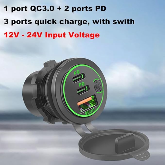 3 Ports 18W USB Car Charger with Switch, 12-24V QC 3.0 USB & Dual PD USB C Cigarette Lighter Socket Outlet, Dashboard Mount Quick Charge Charger for Car Motorcycle Truck Marine Boat (Blue)
