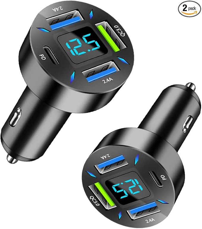 2Pcs 4 Ports USB Car Charger USB Adapter with Voltmeter,Type C Port PD 3.1/QC 3.0 Super Fast Charging Car Cigarette Lighter Plug for iPhone 14 13 12,S22 S21 S20,iPad Pro& More Mobil Phone (2Pcs-Black)
