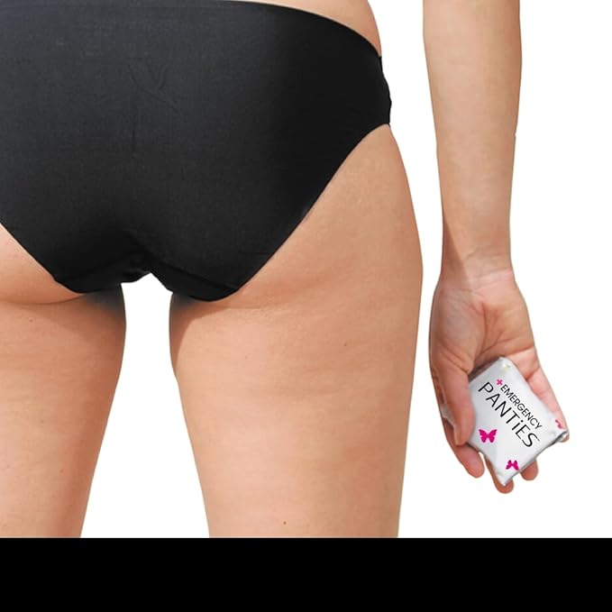 Emergency Panties 4in1 Kit = Seamless Underwear, Fresh Wipe & Liner Accidents Travel On-The-Go Toiletry Kit Plus Size fit 1X-3X Black Bikini