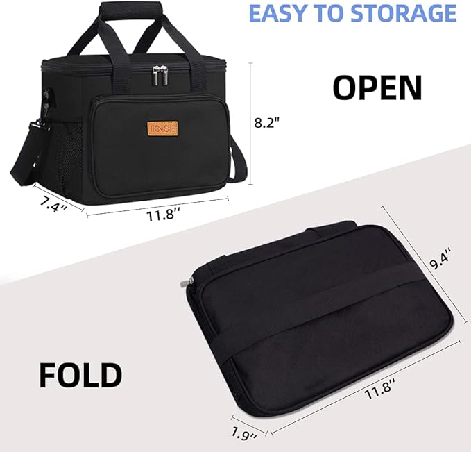 iknoe Insulated Lunch Bag, Foldable 14L Cooler Bag for Men & Women, Leakproof Thermal Design, Great for Office, Picnic, Travel, Lunch Box, Black New