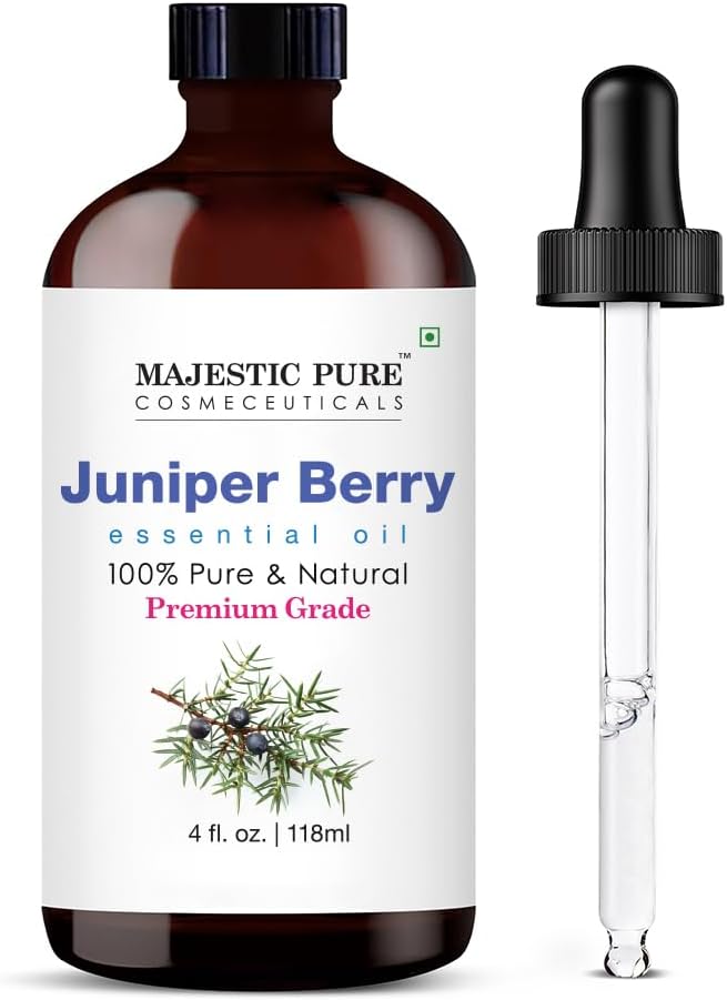 Majestic Pure Essential Oil with Glass Dropper - 100% Pure and Natural - Essential Oils for Diffuser, Aromatherapy, Soap and Candle Making, Juniper Essential Oil, Juniper Oil, 4 Fl Oz
